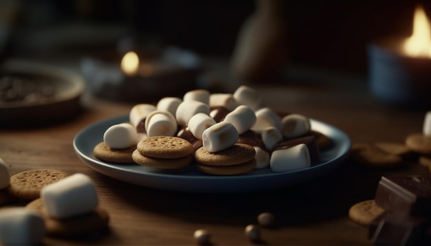 Sweet pill stack on wood plate indulgence generated by artificial intelligence