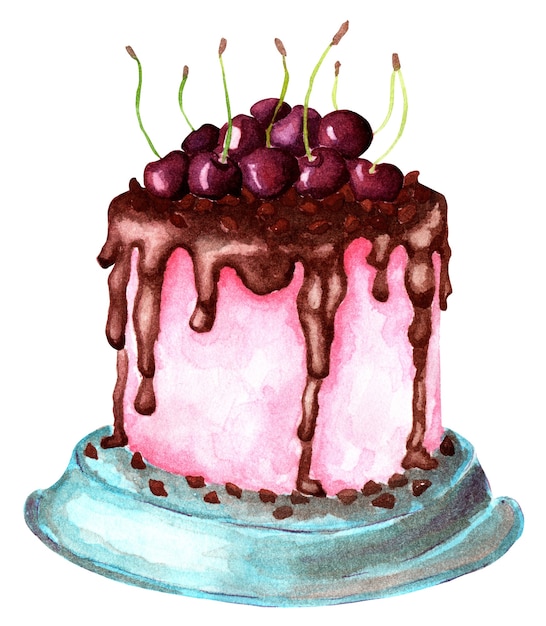sweet pink cake with chocolate icing and juicy cherries on it festive illustration thanksgiving
