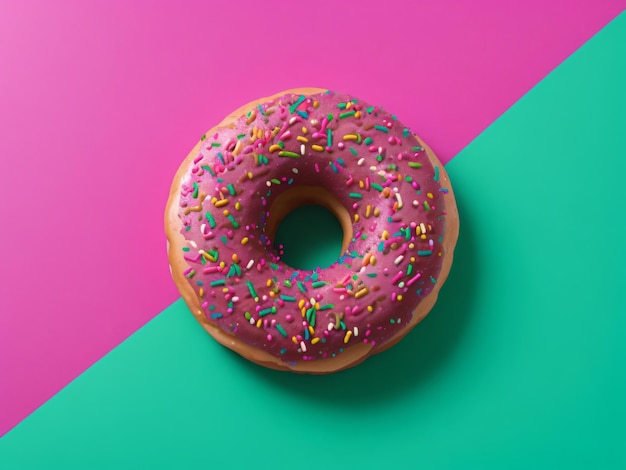 Sweet pink donut with multicolored sprinkles on a purple and green background