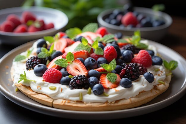 Sweet pizza with berries and cream