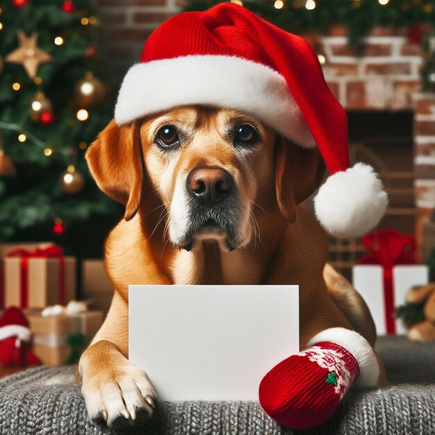 Foto dolce cagnolino tutto vestito di natale che mostra un cartello vuoto