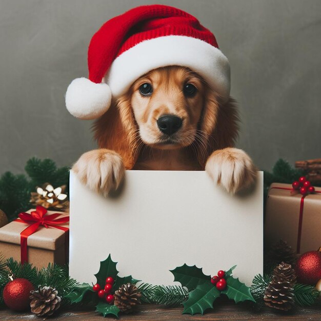 Милый пес, одетый в рождественскую одежду, демонстрирует пустой плакат.