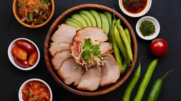 Sweet pork in a wooden bowl with cucumber long beans tomatoes and side dishes