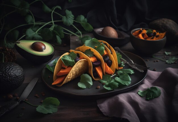 sweet potato and black bean tacos with plant leaf decoration