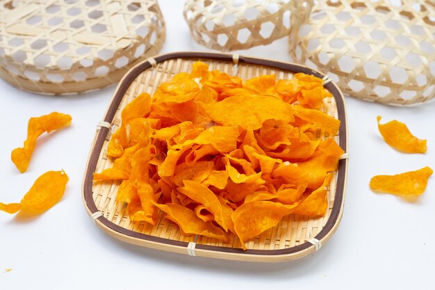 Sweet potato chips in bamboo basket