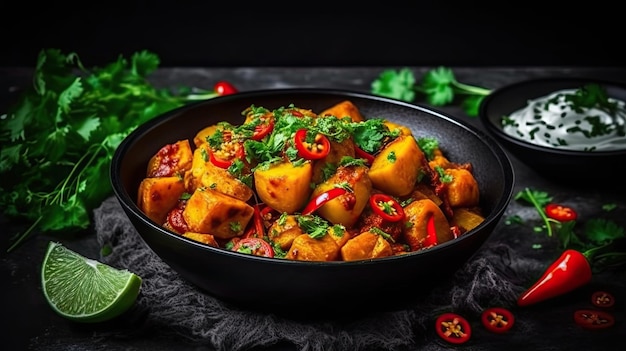 Photo sweet potato curry vegetarian meal on dark background generative ai art