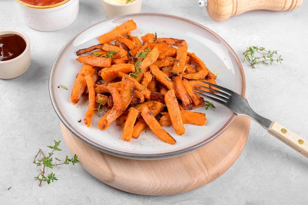 Sweet potato fries on a plate with mayo and ketchup bbq sauce homemade roasted in the oven