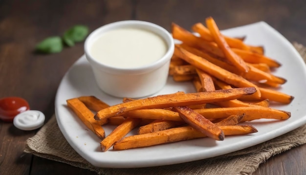 Sweet potato fries with mayo and ketchup homemade roasted in the oven