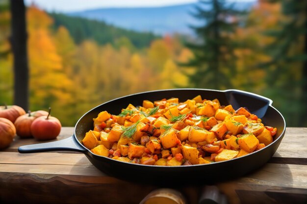 Sweet Potato Hash Morning Breakfast with Beautiful Nature Autumn View