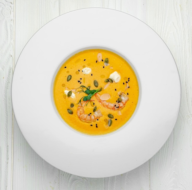 Sweet Potato Soup with Carrot Pumpkin Shrimps Feta Cheese Parsley