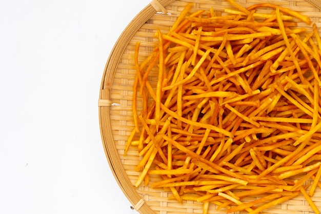 Sweet potato sticks on white background