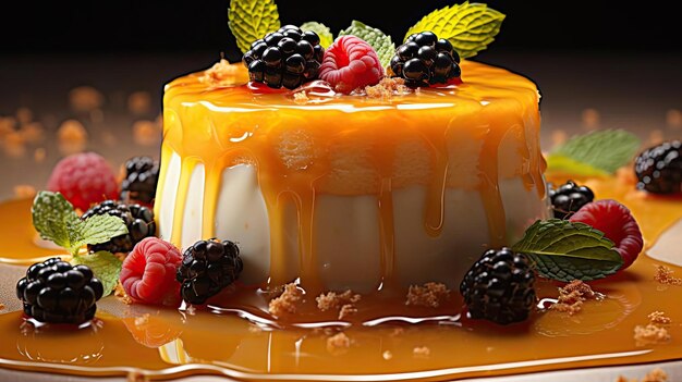 Sweet pudding with fruit topping and melted sweet syrup on a wooden table with blurry background