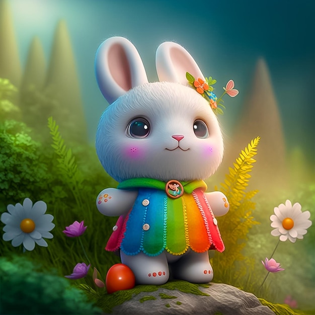 Сладкий кролик в стране чудес в ярком цветочном платье сгенерирован искусственным интеллектом