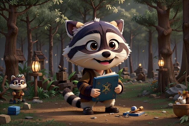 A Sweet Raccoon Reading a Magical Book in the Forest AI Generative