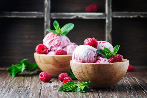 Sweet raspberry ice-cream witn mint