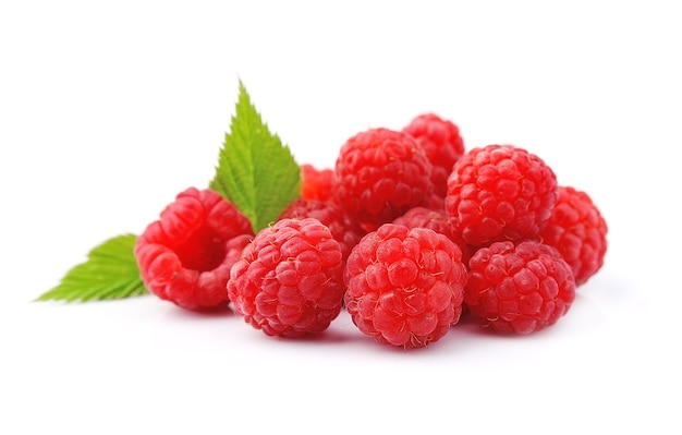 Sweet raspberry with leaves close up isolated on white