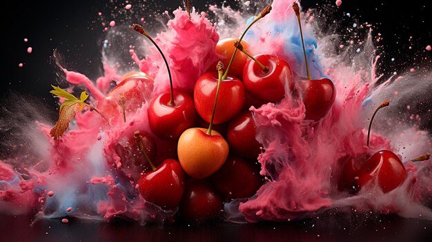 Photo sweet red cherry in splash on a black background