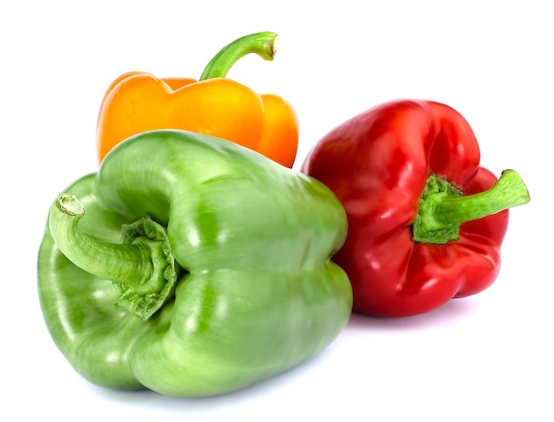 Sweet red orange green color bell pepper isolated on white background