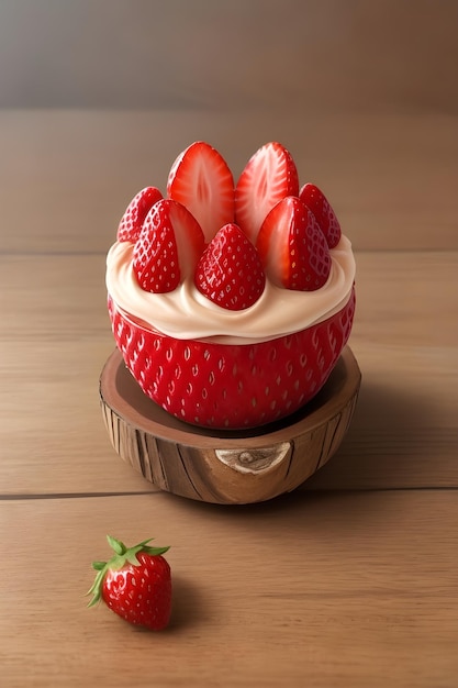 Sweet red strawberry with whipped cream on a wooden plate