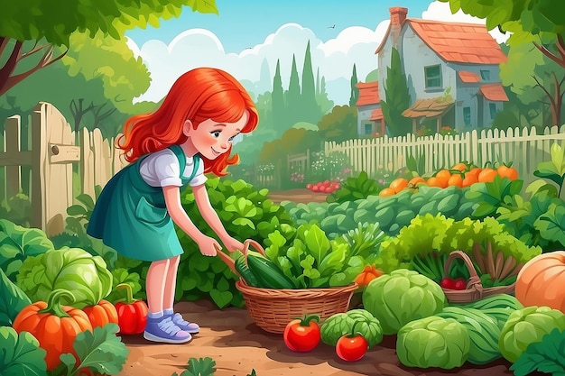 Photo sweet redhead little girl picking vegetables in the garden