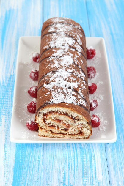 Sweet roll on plate on table closeup