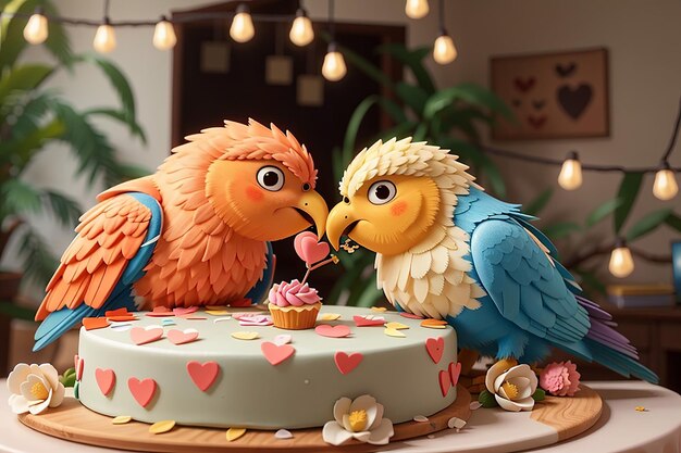 写真 ケーキを装飾する際に甘いロマンチックなラブバードがヌズルする