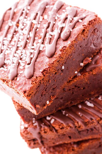 Sweet and salty brownie on a white background.