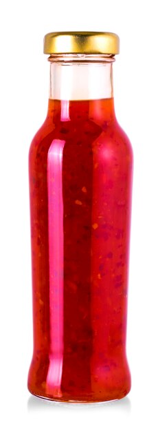 Sweet sauce Chili in glass bottle isolated on a white background