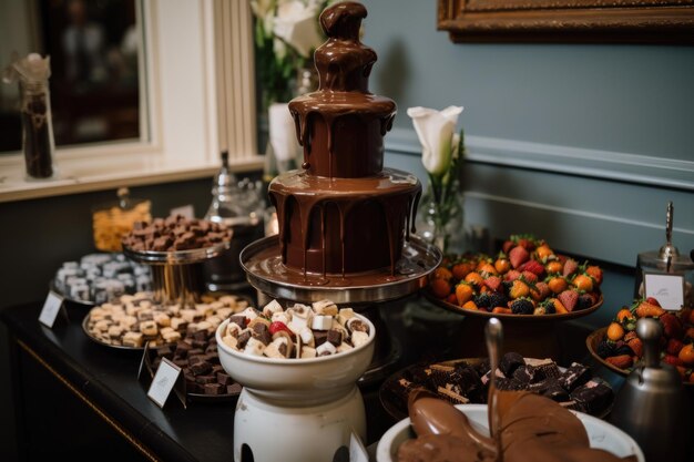 Foto bocconcini dolci e salati immersi nella fontana di cioccolato in un'elegante festa creata con l'ia generativa