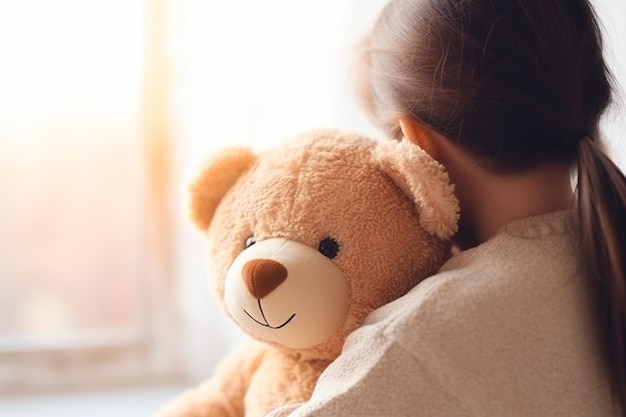 A sweet scene of a shy girl embracing her teddy bear with tenderness