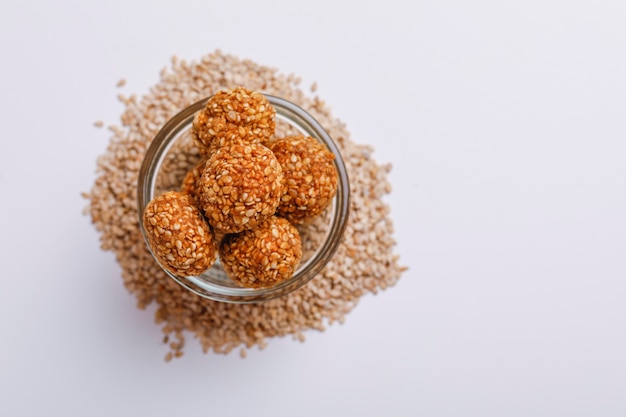 Sweet Sesame Laddu in glass bowl for Indian festival Makar Sankranti