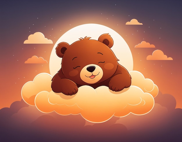 Photo sweet sleeping little bear with closed eyes rests on a cloud at sunset emanating a cozy vibe