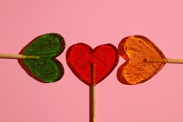 Sweet snack concept heart shaped lollipops