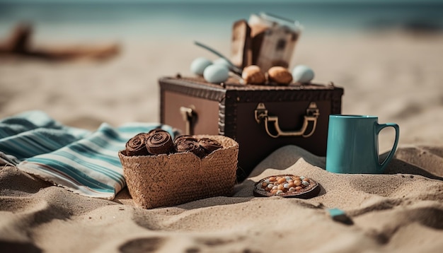 Sweet snacks and drinks on a beach vacation generated by artificial intelligence