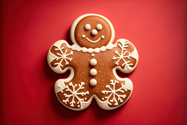 A sweet snowman shaped gingerbread biscuit with a crimson background