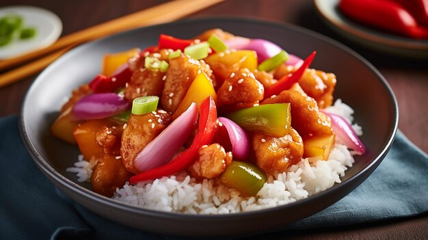 Photo sweet and sour chicken with colorful bell pepper