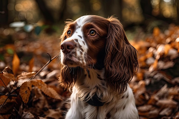 A sweet spaniel dog is portrayed in a leaf covered sunlit fall forest