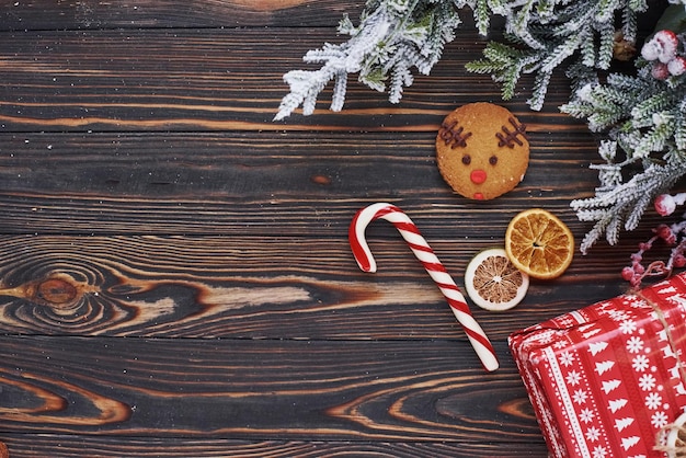 Sweet stick. Top view of christmas festive frame with new year decorations.