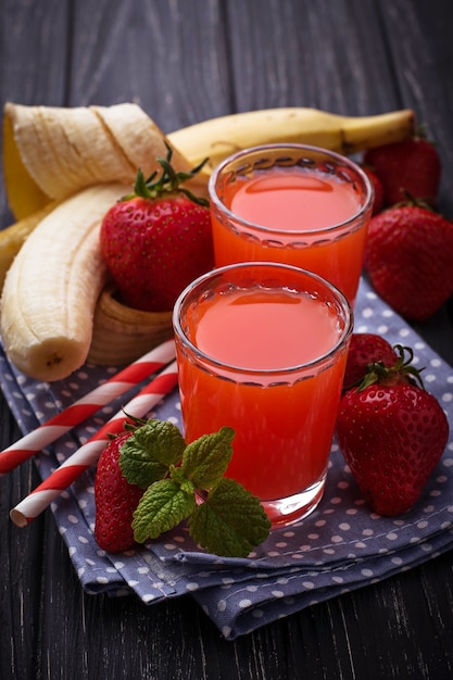 Sweet strawberry and banana juice. Selective focus