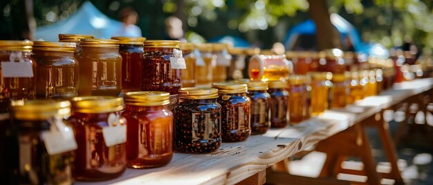 Sweet Success A Variety of Honey Jars on Display at Outdoor Market Stall