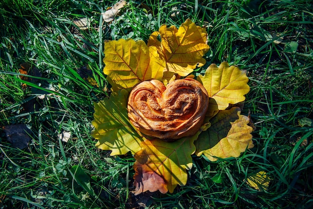 Foto panino dolce di zucchero sul tovagliolo di foglie gialle primo piano picnic sull'erba verde senza spazzatura e inquinamento ambientale concetto di stile di vita senza sprechi