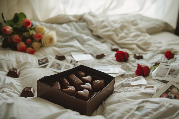 Photo sweet surprise chocolate box on the bed for valentines day