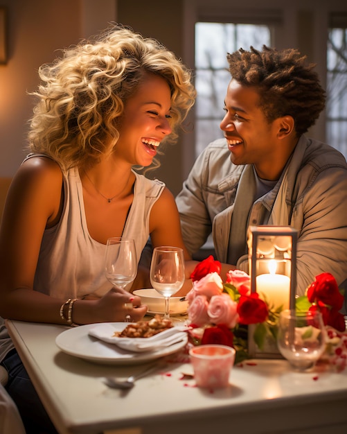 Сладкий сюрприз Молодая пара романтично отмечает День святого Валентина, обмениваясь сердечными подарками