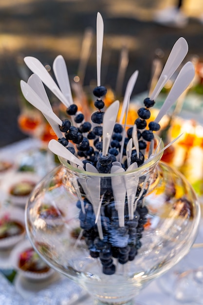 Sweet table with blueberries. Wedding catering. Fruit bar on party. Glass with white sticks and blueberries on it. Closeup.