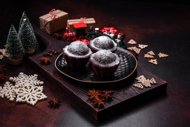 Sweet tasty fresh festive baking on a dark concrete background