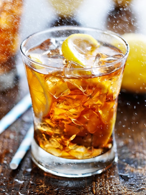 Sweet tea with lemon and ice in glasses