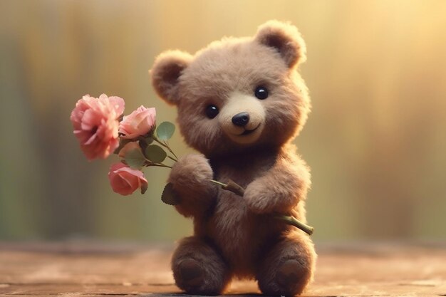 Sweet teddy bear holding a pink flower Generative Ai
