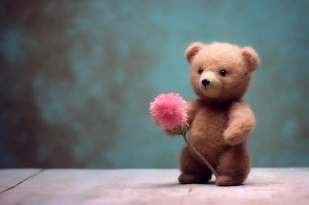 Sweet teddy bear holding a pink flower Generative Ai