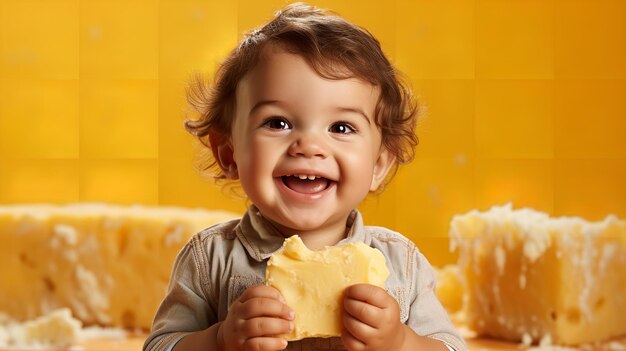 A sweet tiny infant on a yellow backdrop consuming a slice of salty cheese generative ai