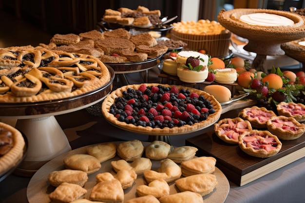 Sweet treat bar with a variety of fruit pies tarts and pastries created with generative ai